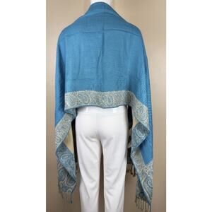 Pashmina Blue Paisley-Patterned Reversible Woven Wrap Fringed Shawl